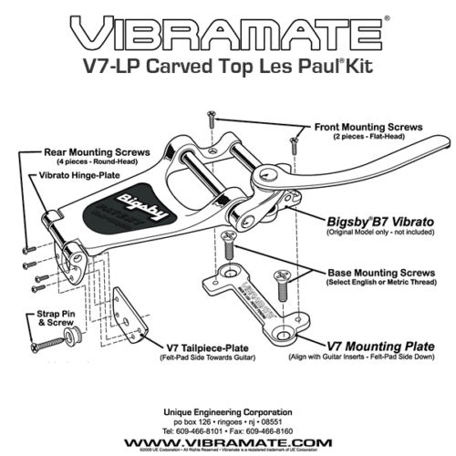 Vibramate V7  for Bigsby B-7 to Les Paul adapter -FREE POST if combined with B7