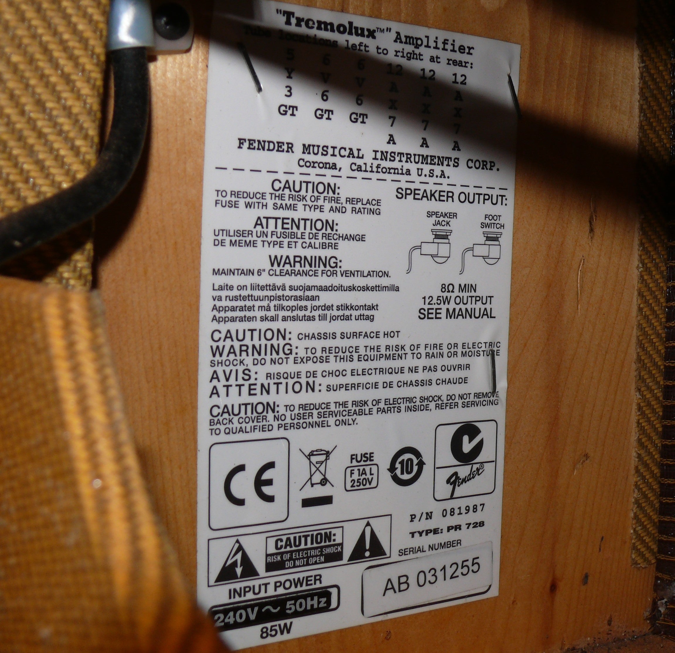 Fender EC Tremolux Eric Clapton Signature Combo Factory 240 volt Tweed
